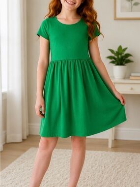 💚 Hanna Andersson Girls Green Short Sleeve Cotton Dress Size 160 Approx. 14  #57